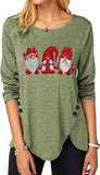 Women Women Christmas Gnomies Fashion Top Irregular Button Long Sleeve Round Neck Shirt