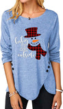 Women Christmas Snowman Printed Irregular Button Long Sleeve Round Neck Shirt