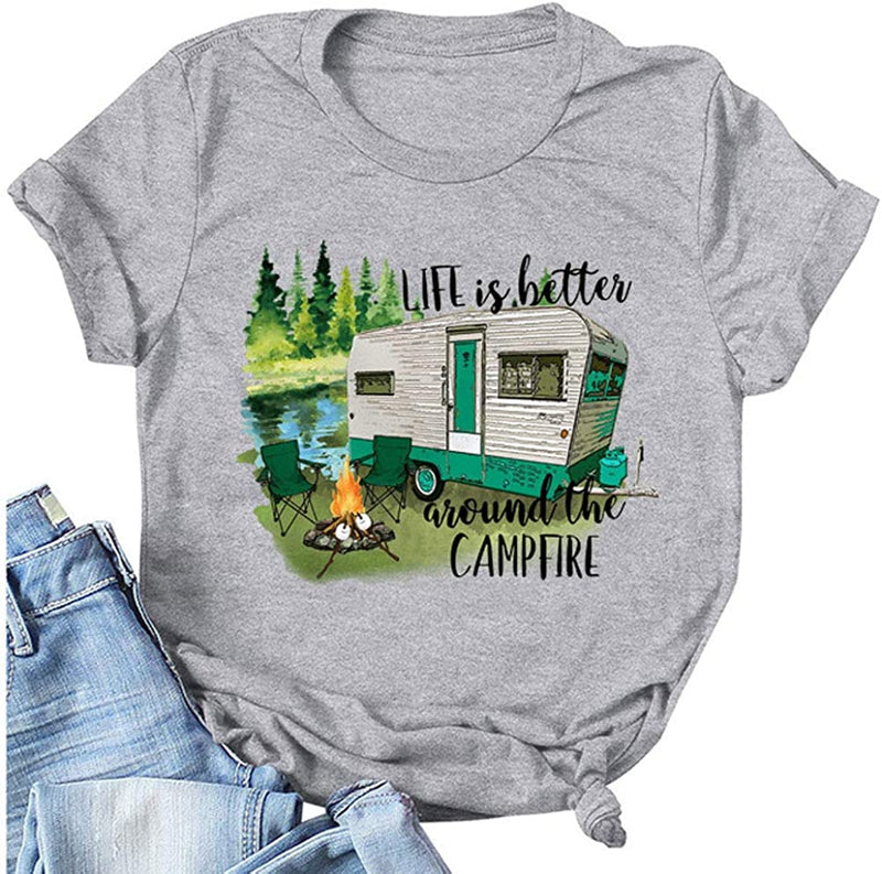 Women Life is Better Around The Campfire Shirt Short Sleeve Graphic Funny T-Shirt