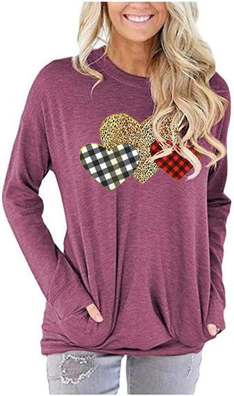 Women Long Sleeve Buffalo Plaid & Leopard Heart Blouse with Pockets