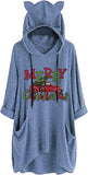 Women Cat Ears Merry Christmas Hooded Sweater Graphic Shirt With Pockets