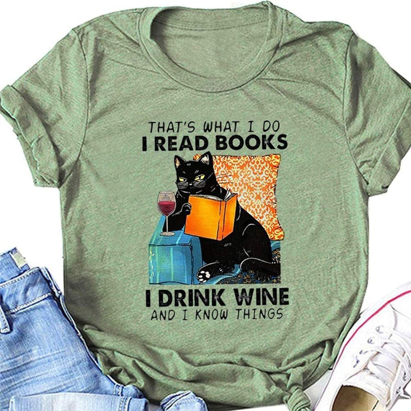 Women That's What I Do I Read Books I Drink Wine and I Know Things Cat Vintage Pet Lover Tshirt