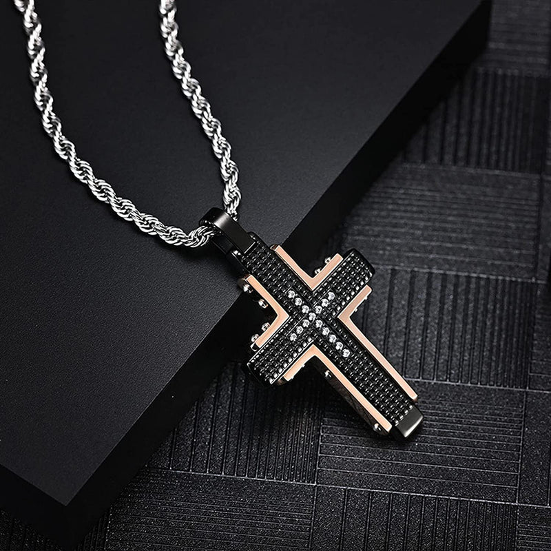 Collier avec pendentif croix en acier inoxydable pour hommes, noir, or Rose, pour la prière du seigneur, chaîne lourde