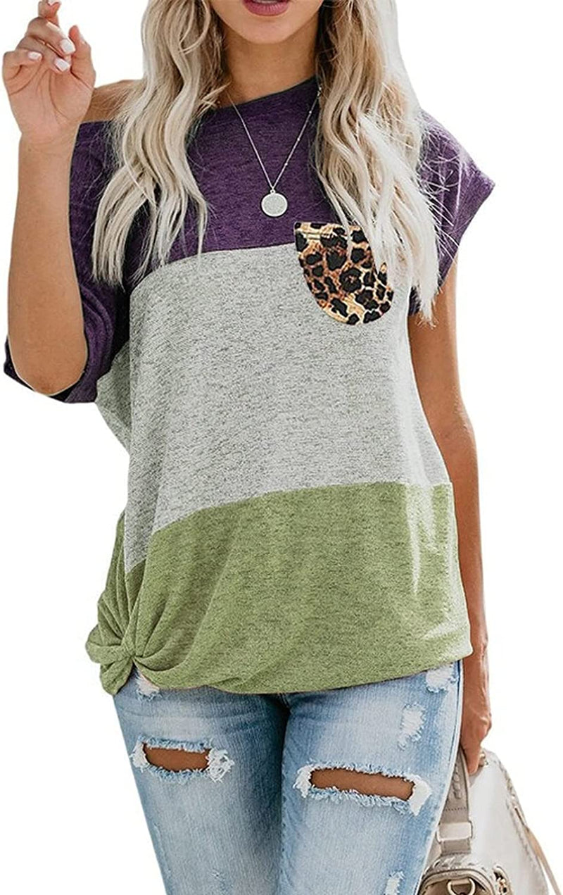 Women Short Sleeve Casual Color Block T-Shirt Basic Tee Shirts Tops with Pocket