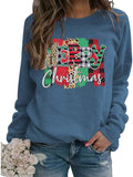 Women Long Sleeve Leopard & Buffalo Plaid Merry Christmas Sweater Christmas Shirt