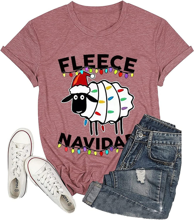 Fleece Navidad Tees Women Christmas Light Cute Sheep Graphic Shirt