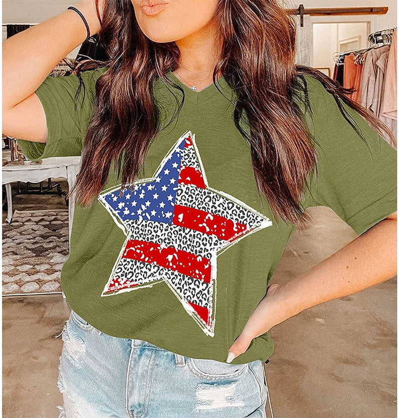 Women Short Sleeve Patriotic Star T-Shirt American Flag Shirt