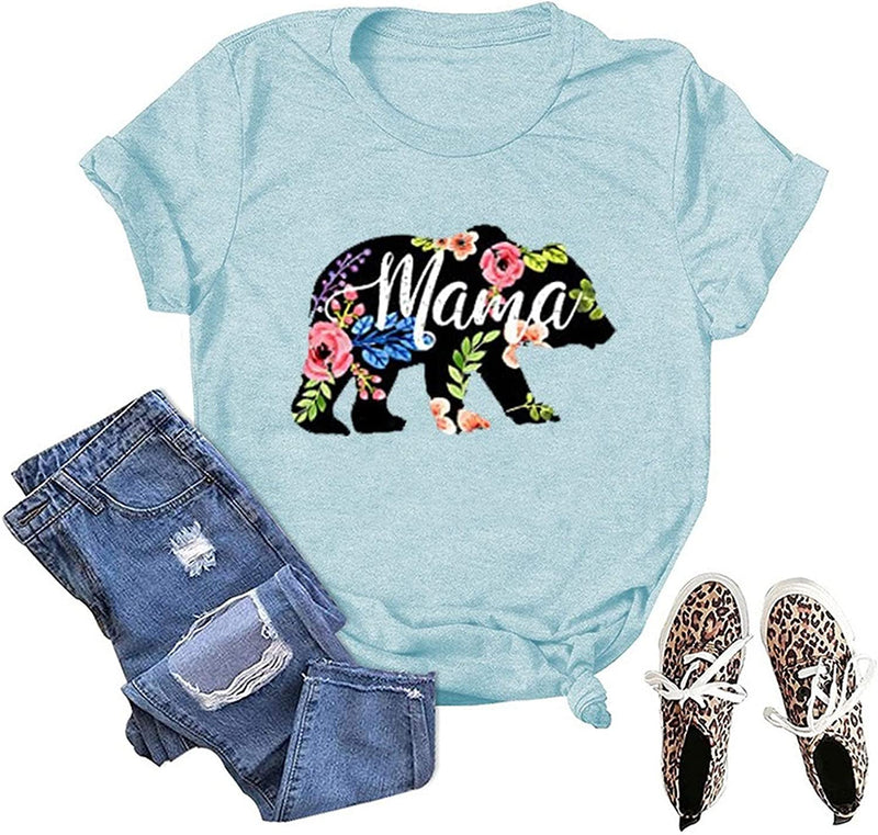 Women Floral Mama Bear T-Shirt Mama Graphic Shirt