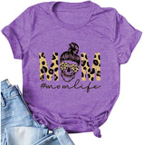 Women Mom Life T-Shirt Leopard Skull Mom Shirt Messy Bun Skull Graphic Shirt