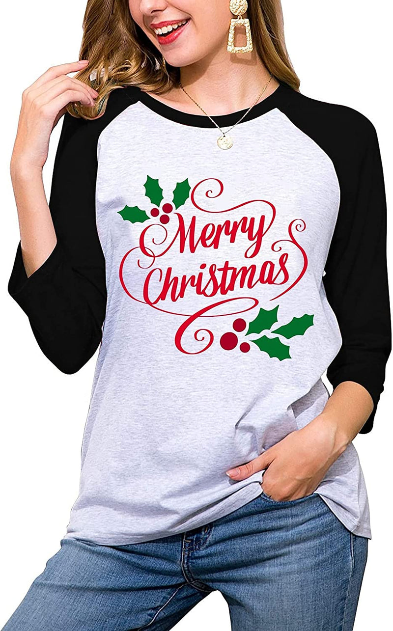 Women Merry Christmas Shirt 3/4 Sleeve Graphic Blouse