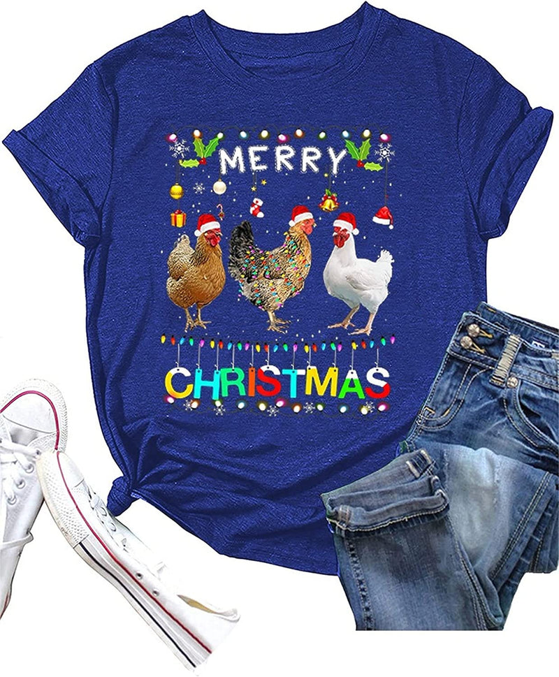 Funny Chicken Christmas Shirt Women Merry Christmas Chicken Shirt Santa Hat Lights Xmas T-Shirt