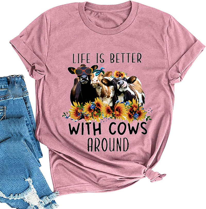 Women Life is Better with Cows Around T-Shirt Sunflower Cow Heifer T-Shirt