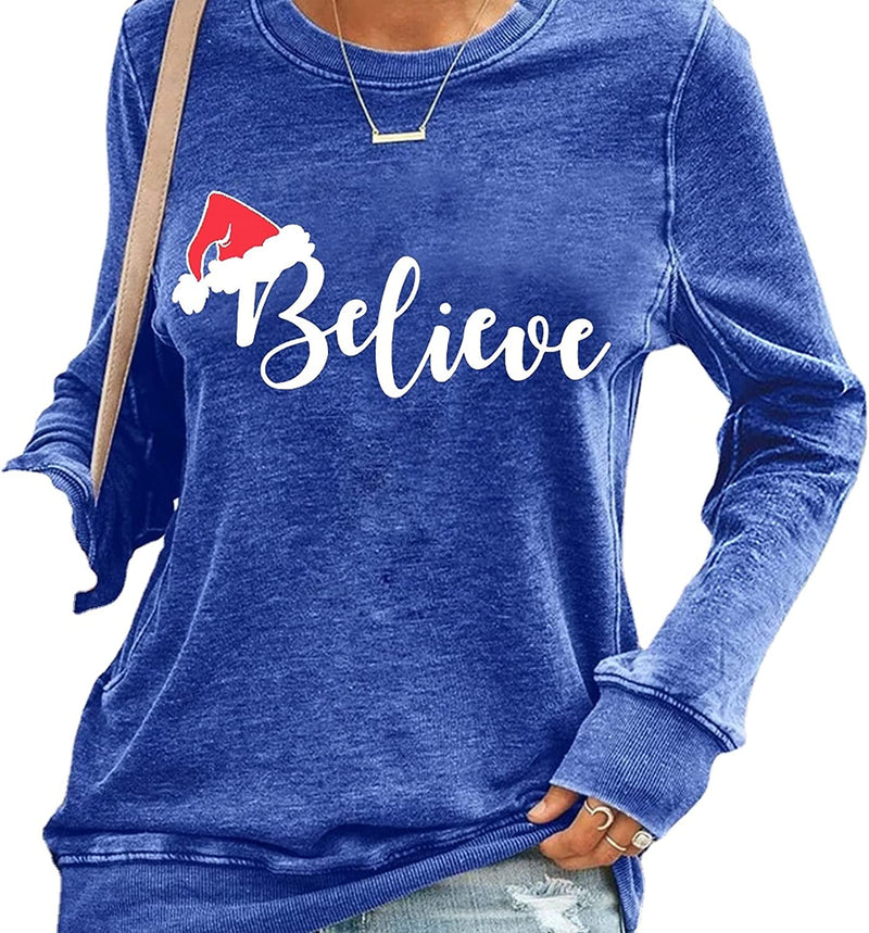 Women Believe Christmas Shirt Long Sleeve Christmas Blouse T-Shirt