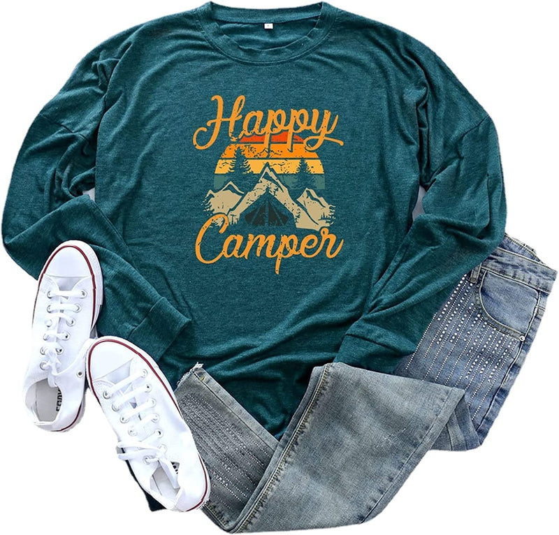 Women Happy Camper Camping Hiking Travel Shirt Long Sleeve Blouse