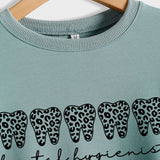 Dentalhygieniker-Pullover mit Buchstaben und Leopardenmuster, langärmelig, Rundhalsausschnitt