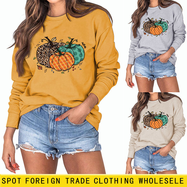 Sweat-shirt à manches longues et col rond pour femme, imprimé léopard et citrouille d'Halloween