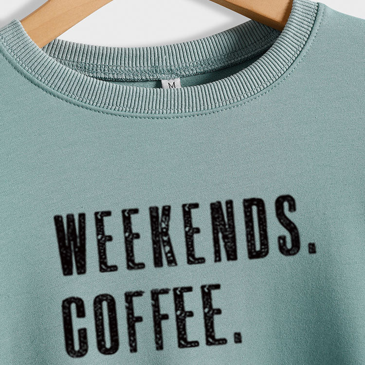 WEEKENDS COFFEE Letter Round Neck Loose Fall/Winter Basement Long Sleeve Sweater Girl