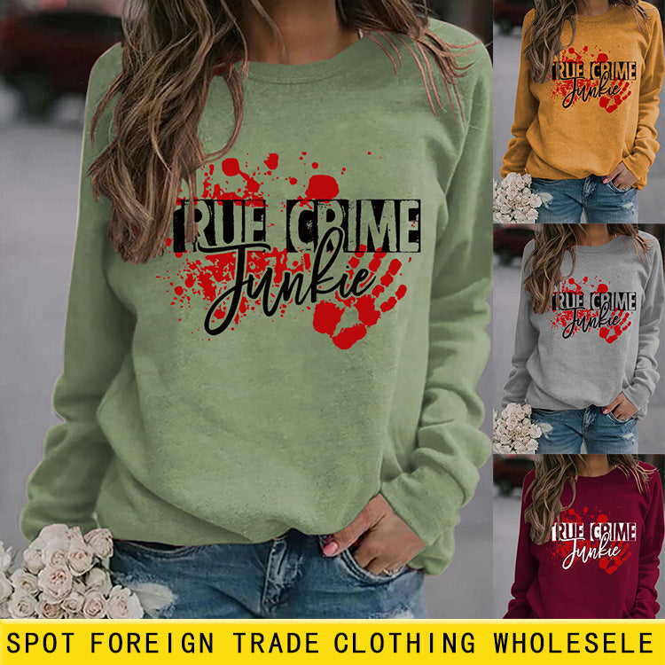 Pull-over avec lettres imprimées True Crime Junkie, col rond ample pour femme