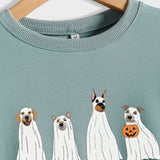 Halloween Ghost Puppy Print Round Neck Autumn Winter Backing Loose Long Sleeve Women's Sweatshirt