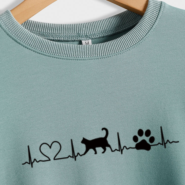 Sweat-shirt à manches longues et col rond imprimé Love Cat Dog pour femme