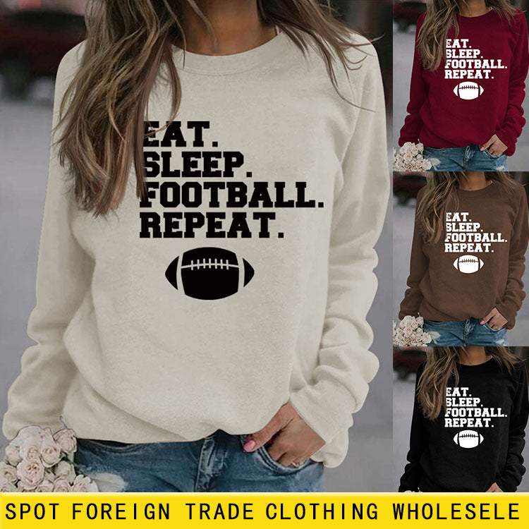 EAT SLEEP FOOTBALL REPEAT Pull à manches longues et col rond pour femme Automne et hiver
