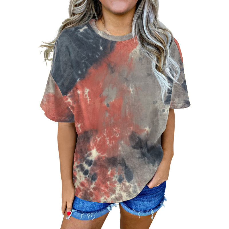 T-shirt ample à manches courtes et col rond pour hommes et femmes, couleur unie, teint par nouage, ensemble imprimé