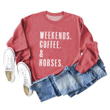 WEEKENDS COFFEE HORSES Letter Loose Long Sleeve Ladies Sweater