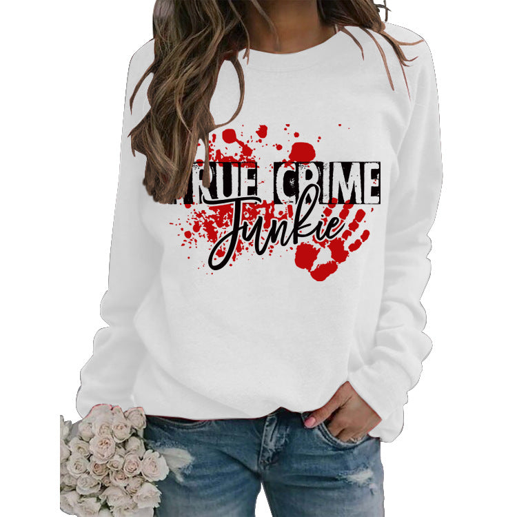 Pull-over avec lettres imprimées True Crime Junkie, col rond ample pour femme