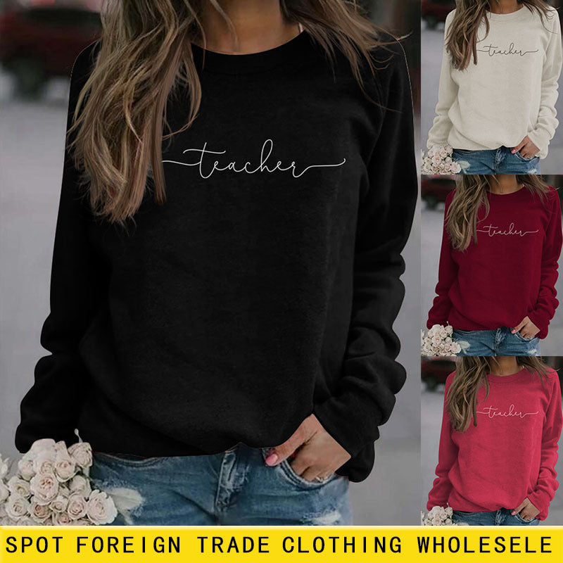 Sweat-shirt décontracté à manches longues avec lettre d'enseignant, bas ample, grande taille
