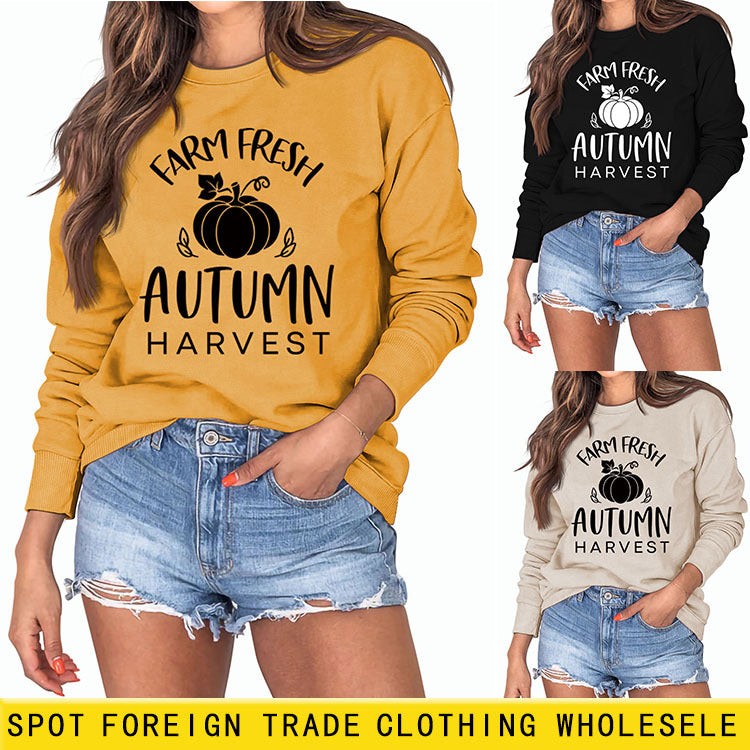 Sweat-shirt à manches longues et col rond pour femme, lettre citrouille Halloween