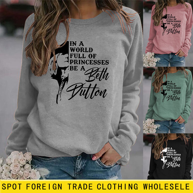 Lettres col rond hauts pour femmes à manches longues dans un monde sweat-shirt imprimé ample