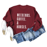 WEEKENDS COFFEE HORSES Letter Loose Long Sleeve Ladies Sweater