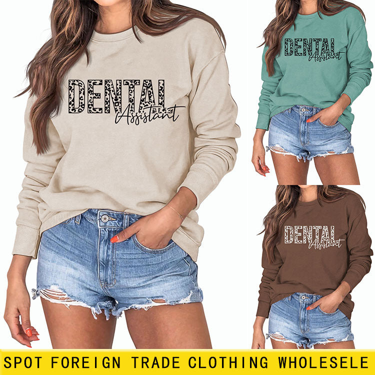 ASSISTANT DENTAIRE LETTRES IMPRIMÉES LÉOPARD NOUVEAU COL ROND MANCHES LONGUES SWEAT-SHIRT FEMME