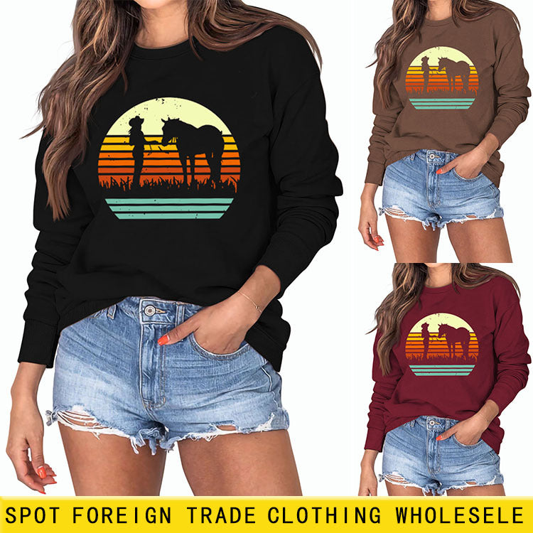 Pull ample imprimé à col rond et manches longues pour fille