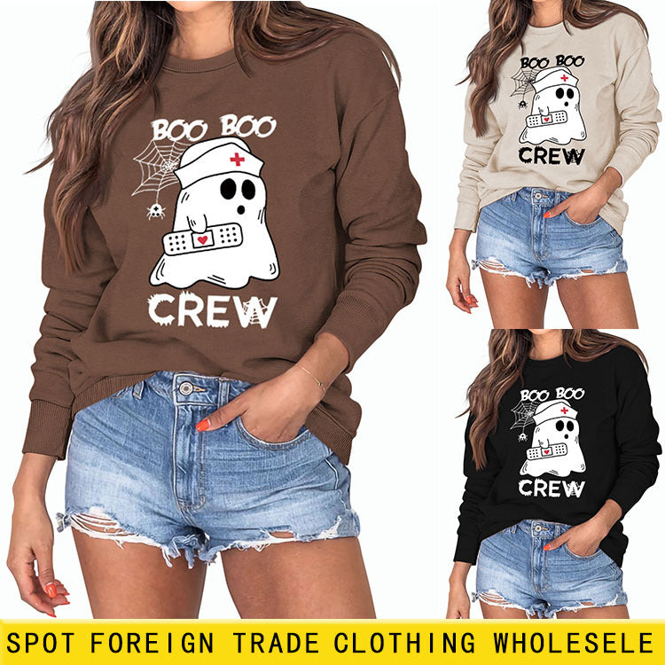 BOO BOO CREW Letter Printing Round Neck Autumn and Winter Long Sleeve Plus Size Sweater Women