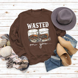 WASTED ON YOU Weinglas-Buchstabendruck Herbst- und Winter-Basis Langarm-Pullover in Übergröße