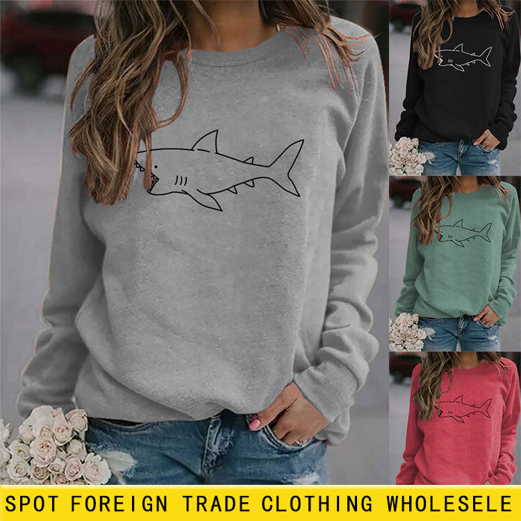 Sweat-shirt décontracté à manches longues et col rond pour femme, haut imprimé requin, automne et hiver
