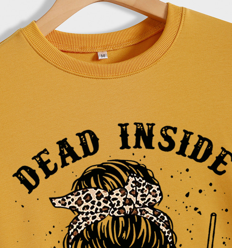 Pull à manches longues et col rond pour femme, imprimé crâne mort à l'intérieur mais caféiné