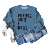 WEEKENDS COFFEE HORSES Letter Loose Long Sleeve Ladies Sweater