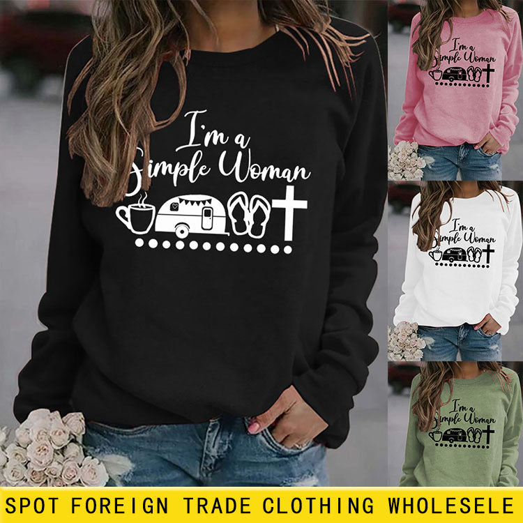 Hauts à col rond et manches longues, sweat-shirt ample à imprimé Simple