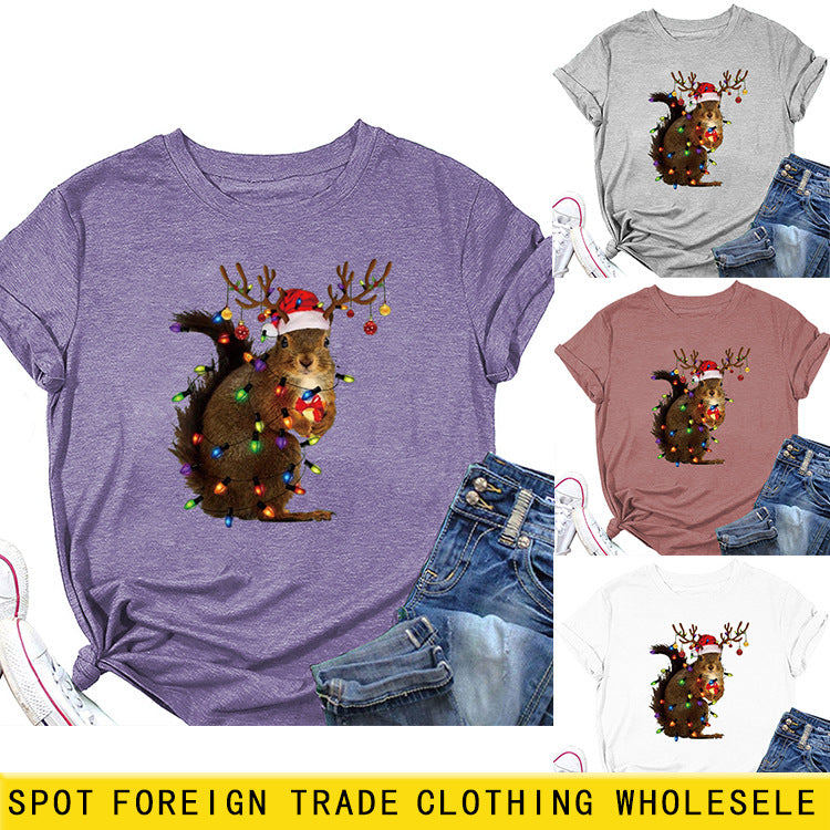 Écureuil imprimé femme décontracté col rond manches courtes