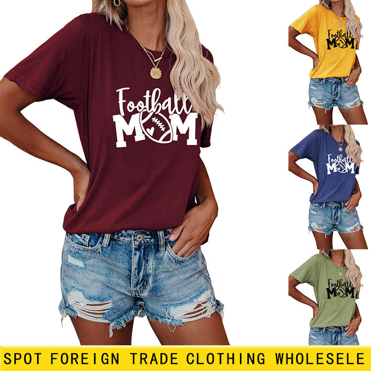 Football Mom Crew Neck Women's T-Shirt Loose Letter Short Sleeve