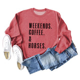 WEEKENDS COFFEE HORSES Letter Loose Long Sleeve Ladies Sweater