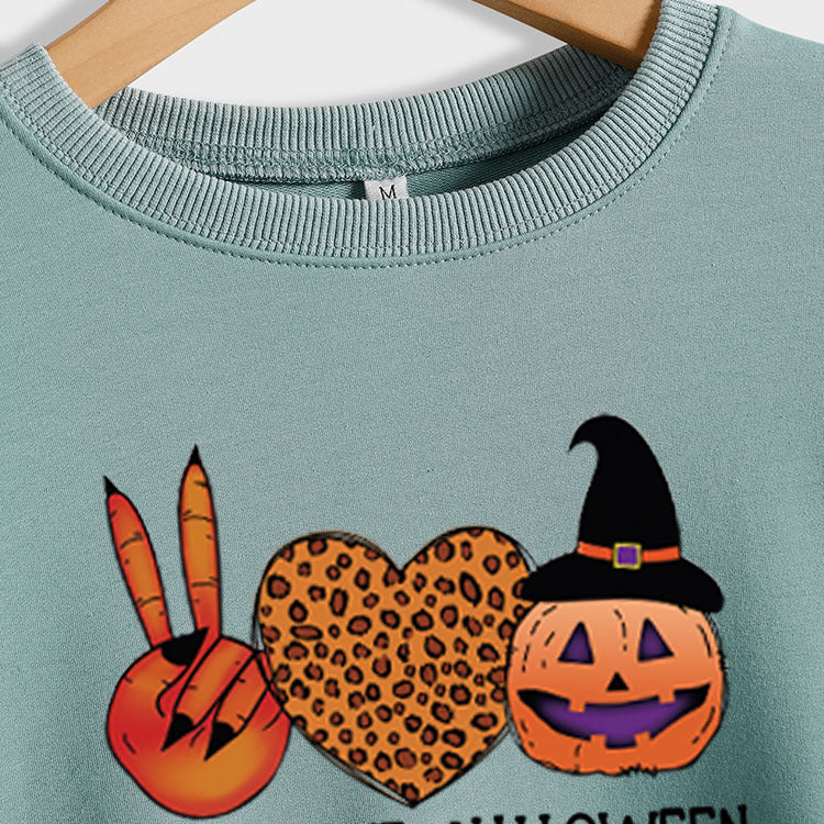 PEACE LOVE HALLOWEEN Léopard Amour Lettre Impression Dames À Manches Longues Lâche Pull Occasionnel
