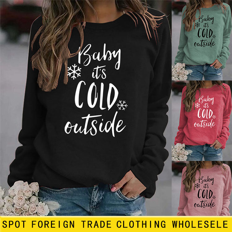 Pull à col rond pour femme, haut avec lettres imprimées, il fait froid dehors, automne et hiver
