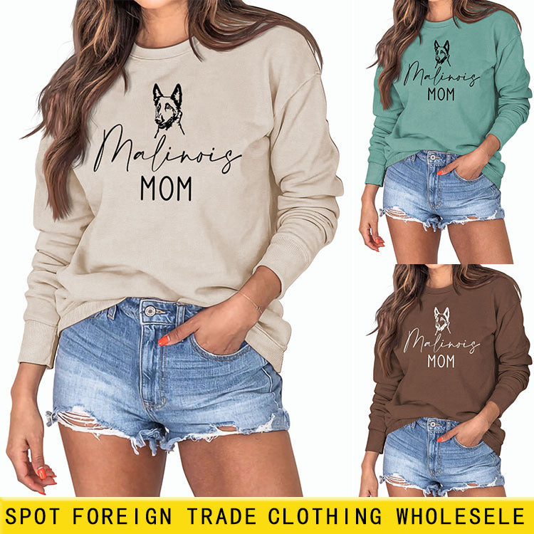 Malinois Maman Lettres Chiot Imprimé Mode Lâche Manches Longues Pull Oversize