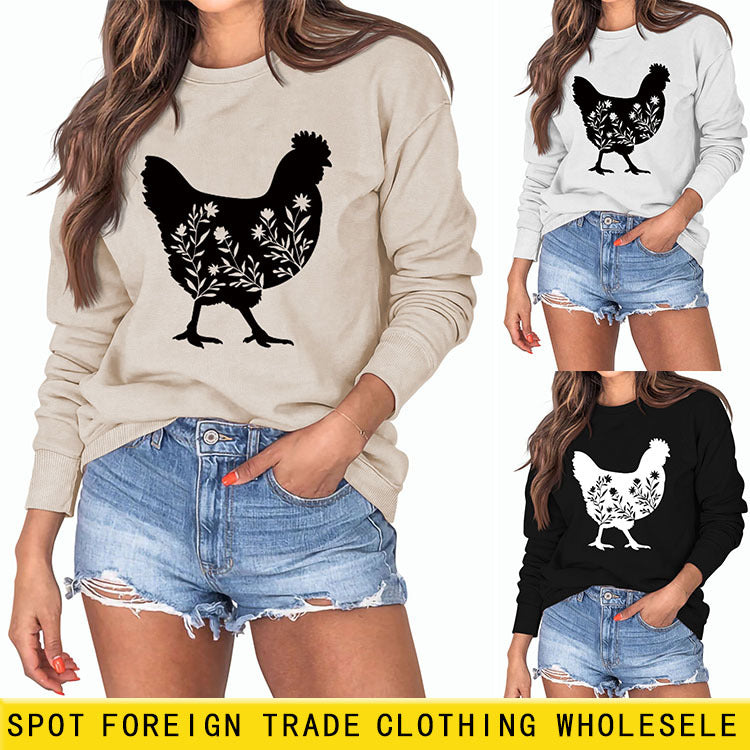 Pull à manches longues et col rond imprimé coq pour femme