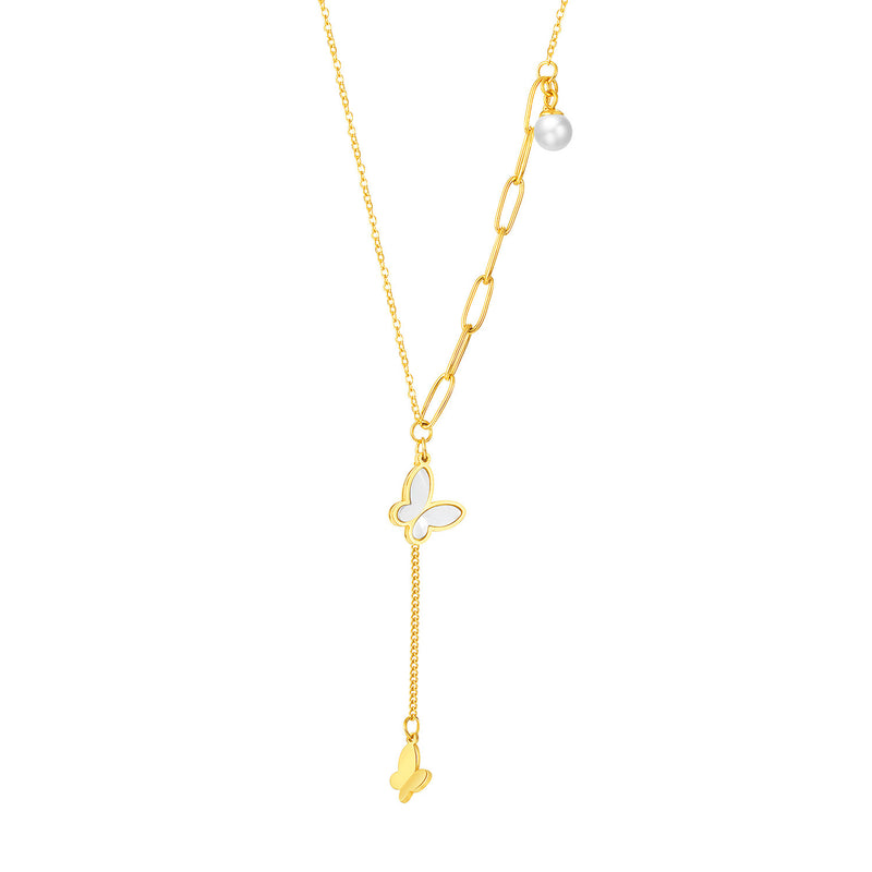Pieced Chain with Three-dimensional Butterfly Pendant and Pearl Necklace with Matching Collarbone Chain