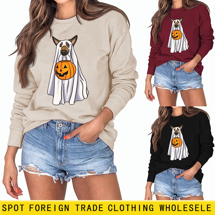 Pull à manches longues et col rond pour fille, motif fantôme, chien, citrouille, Halloween