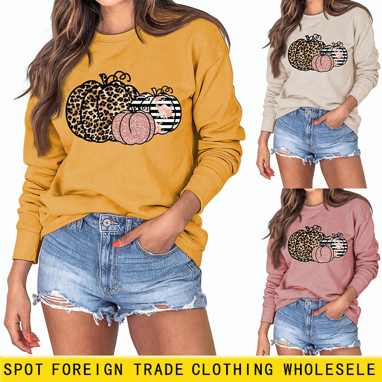 Pull à manches longues et col rond pour femme, motif citrouille et léopard, Halloween